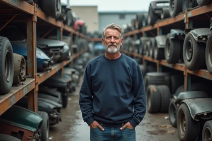 Homme d'âge moyen examinant des pièces auto dans une casse