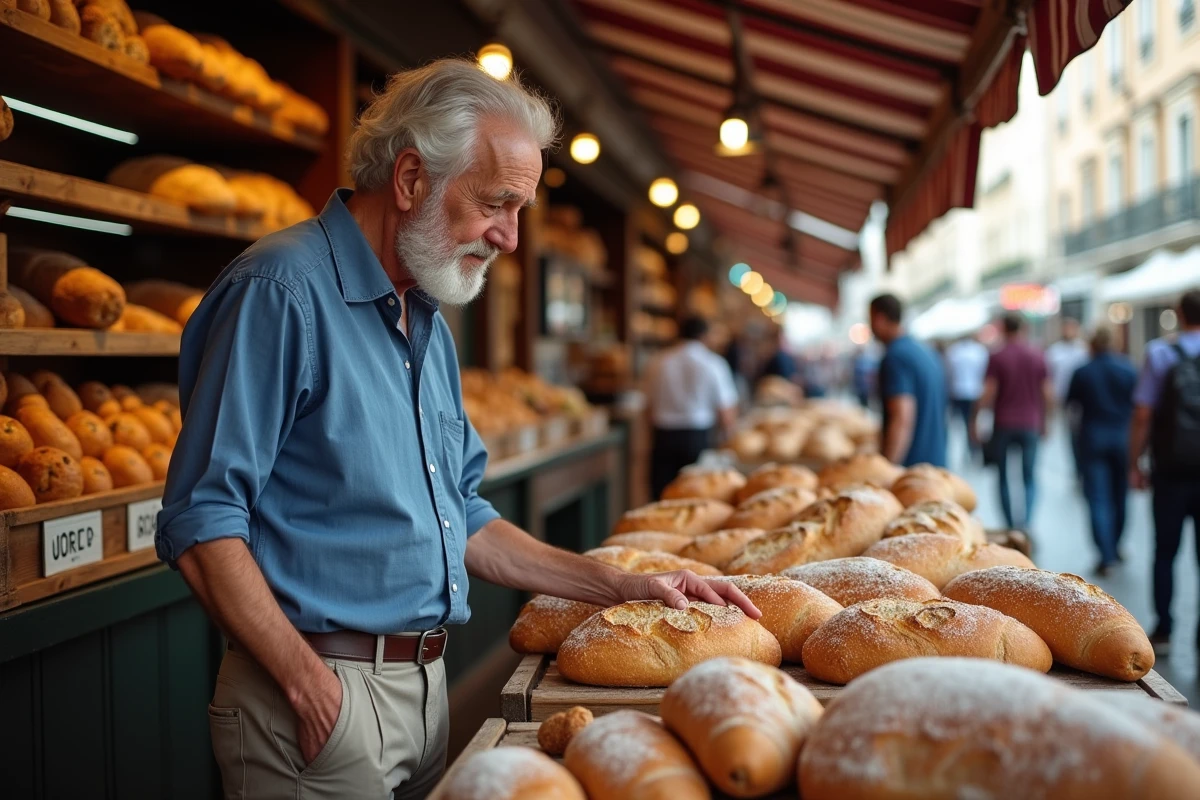 Homme âgé achetant du pain à la boulangerie du marché