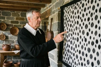Homme en costume breton traditionnel pointant les hermines sur le drapeau breton Gwenn-ha-Du accroché à un mur en granit