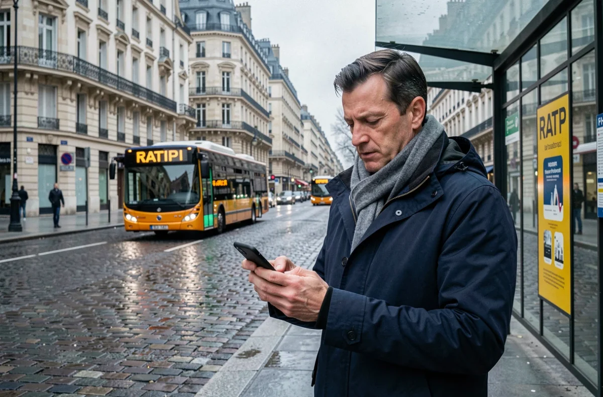 Homme consultant son téléphone à un arrêt de bus parisien pour trouver un itinéraire alternatif lors d'une interruption de la ligne 14