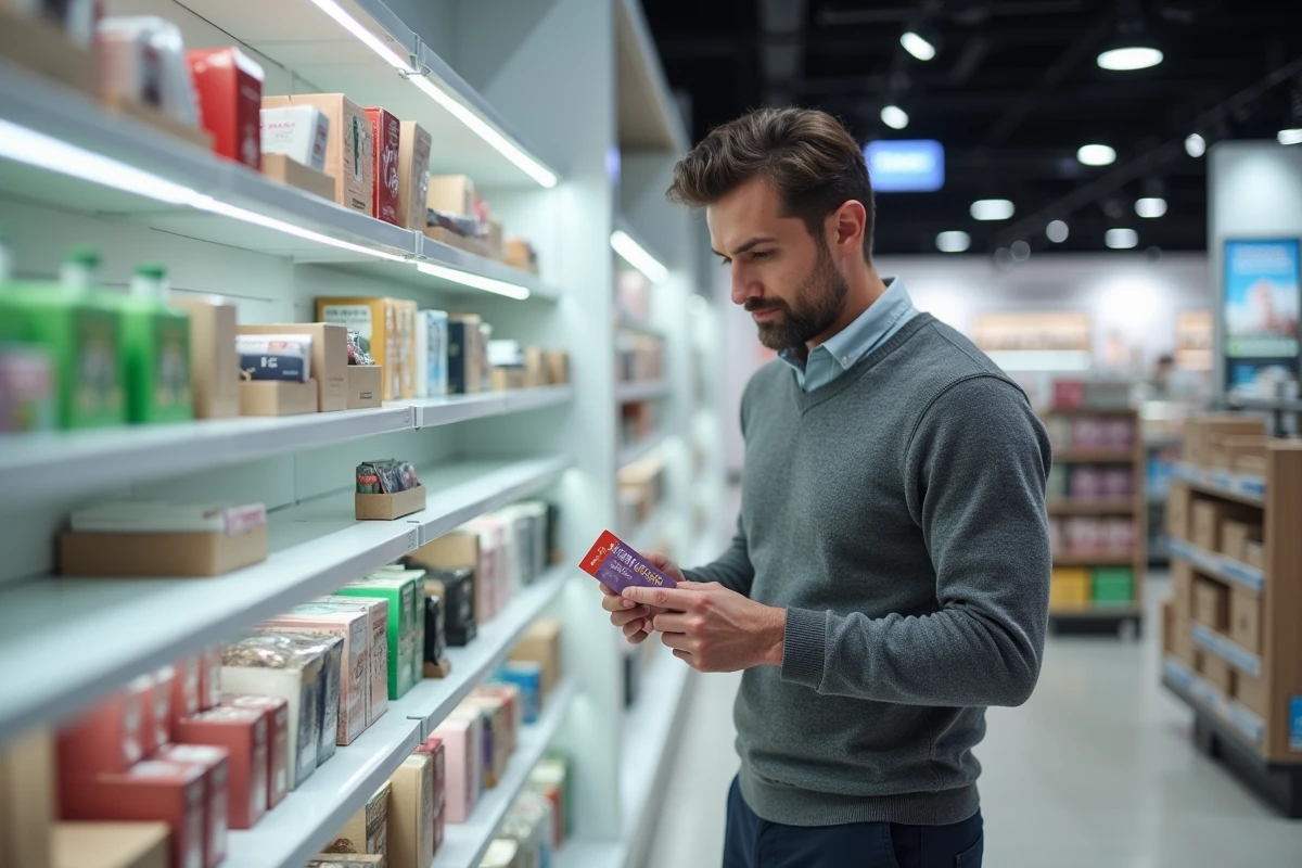Homme utilisant un chèque cadeau CSE dans un magasin pour effectuer un achat