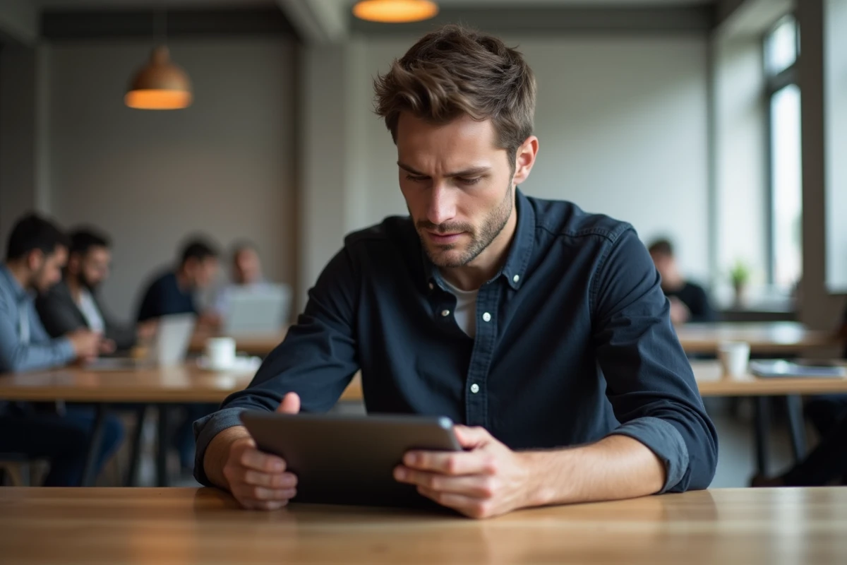 Homme comparant des informations sur tablette et smartphone dans un espace de coworking, représentant l'utilisation multi-appareils de Fusov