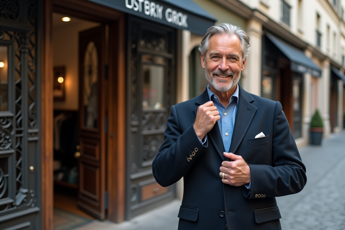 Homme en blazer cashmere ajustant son col dans la rue parisienne