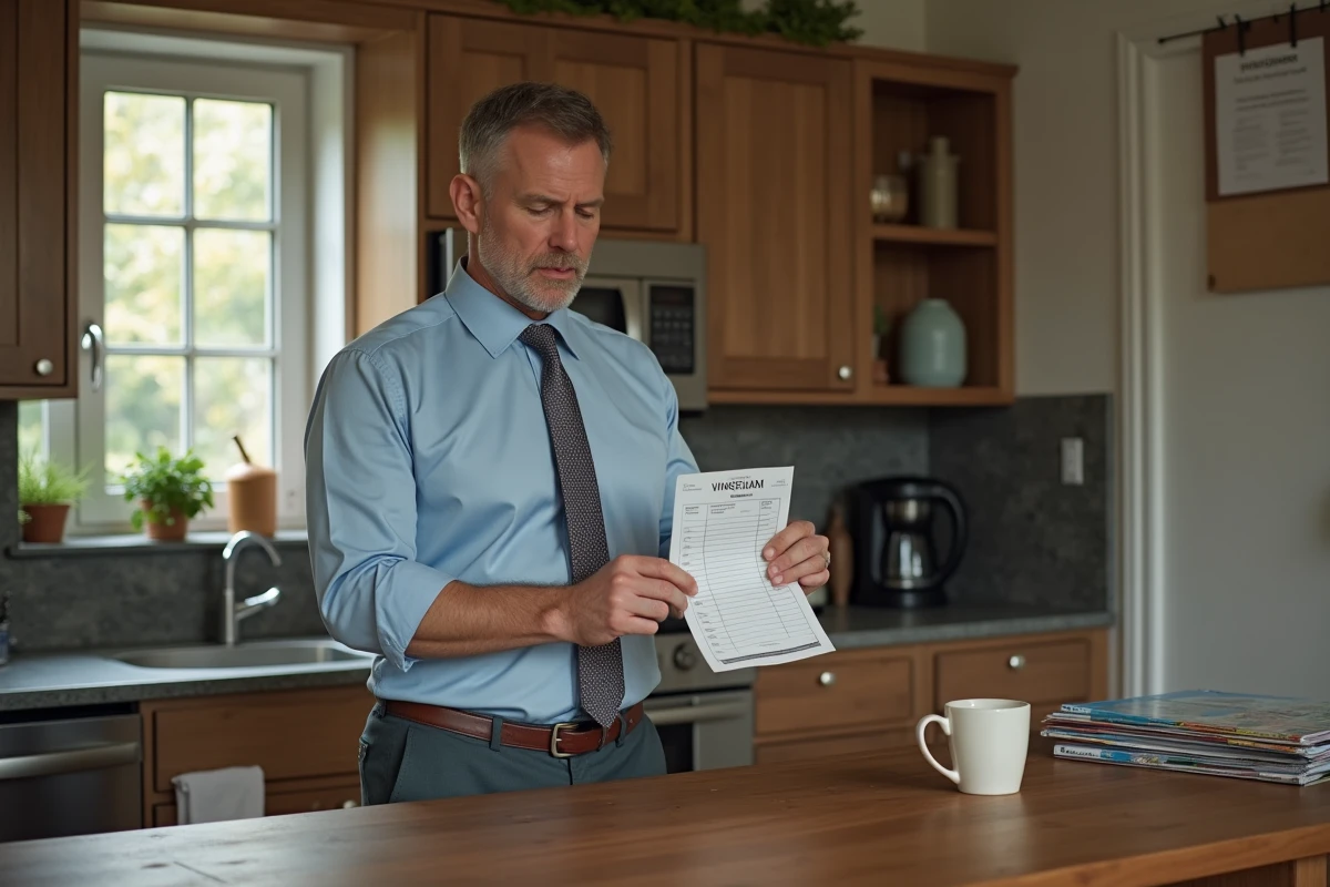Homme regardant reçu de voyage dans cuisine chaleureuse