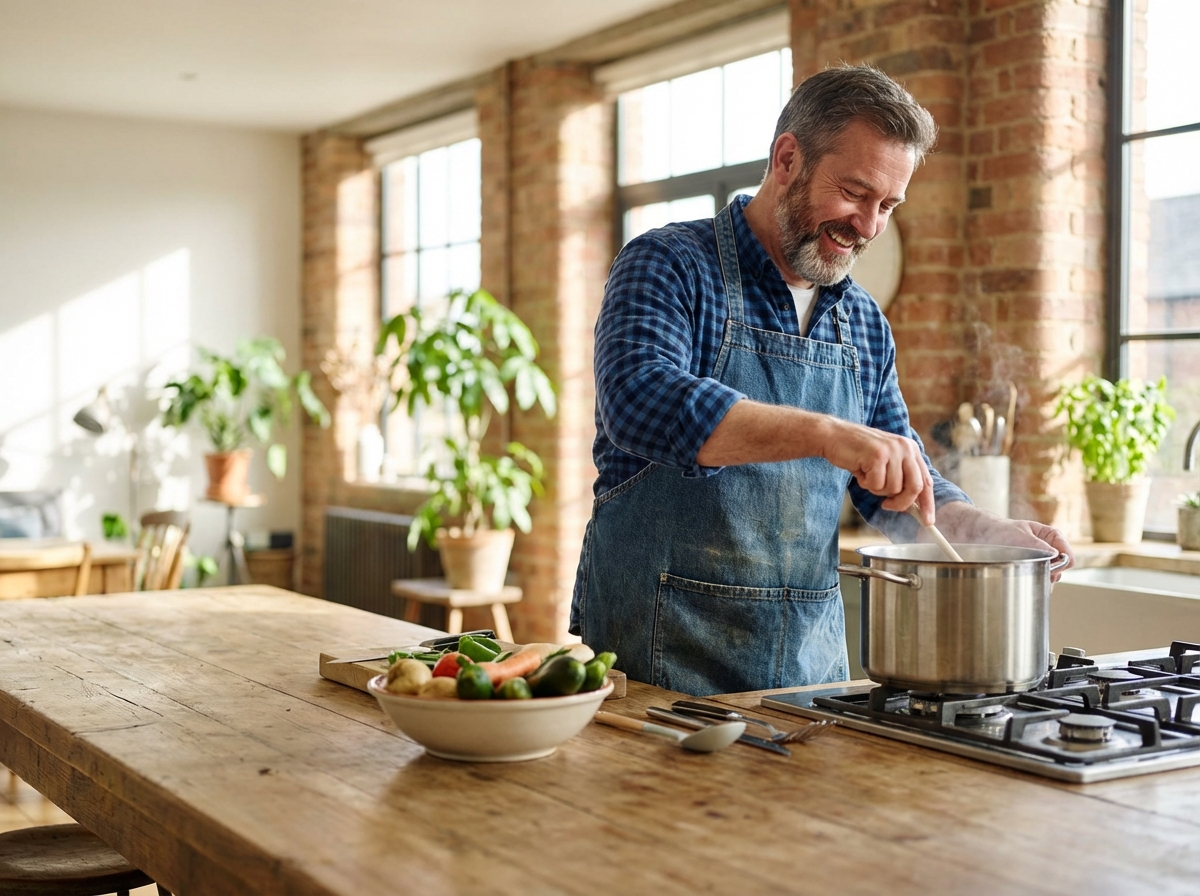 Homme souriant en cuisine remuant une casserole dans une pièce lumineuse