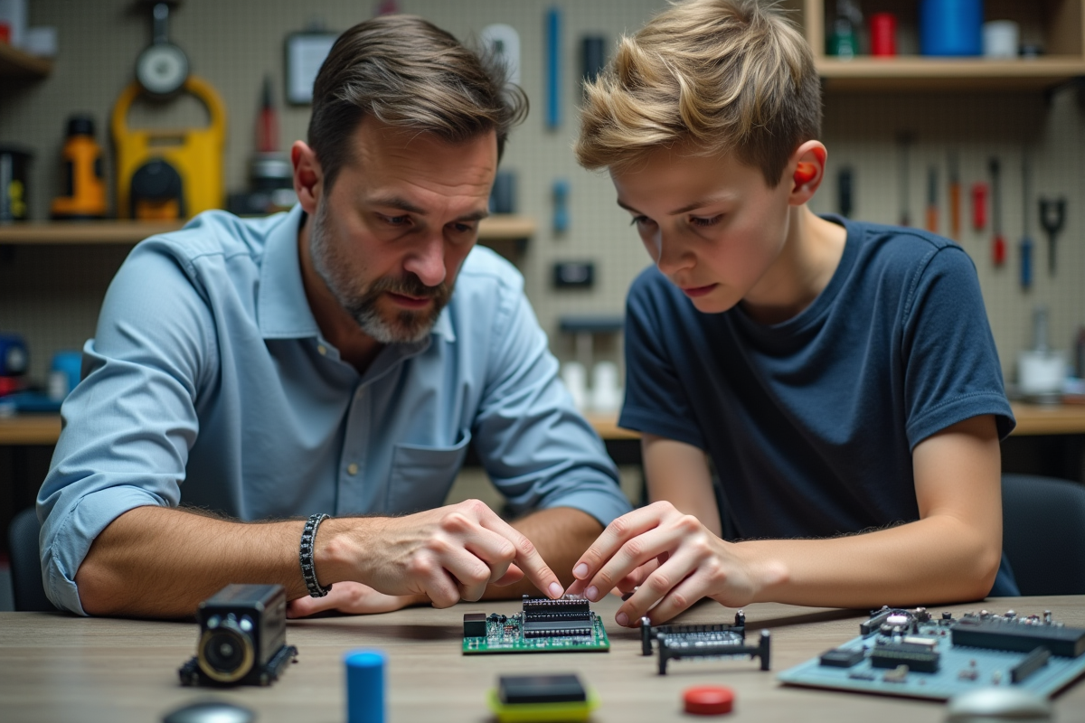 Homme explique un shield Gertduino à un adolescent dans un atelier électronique
