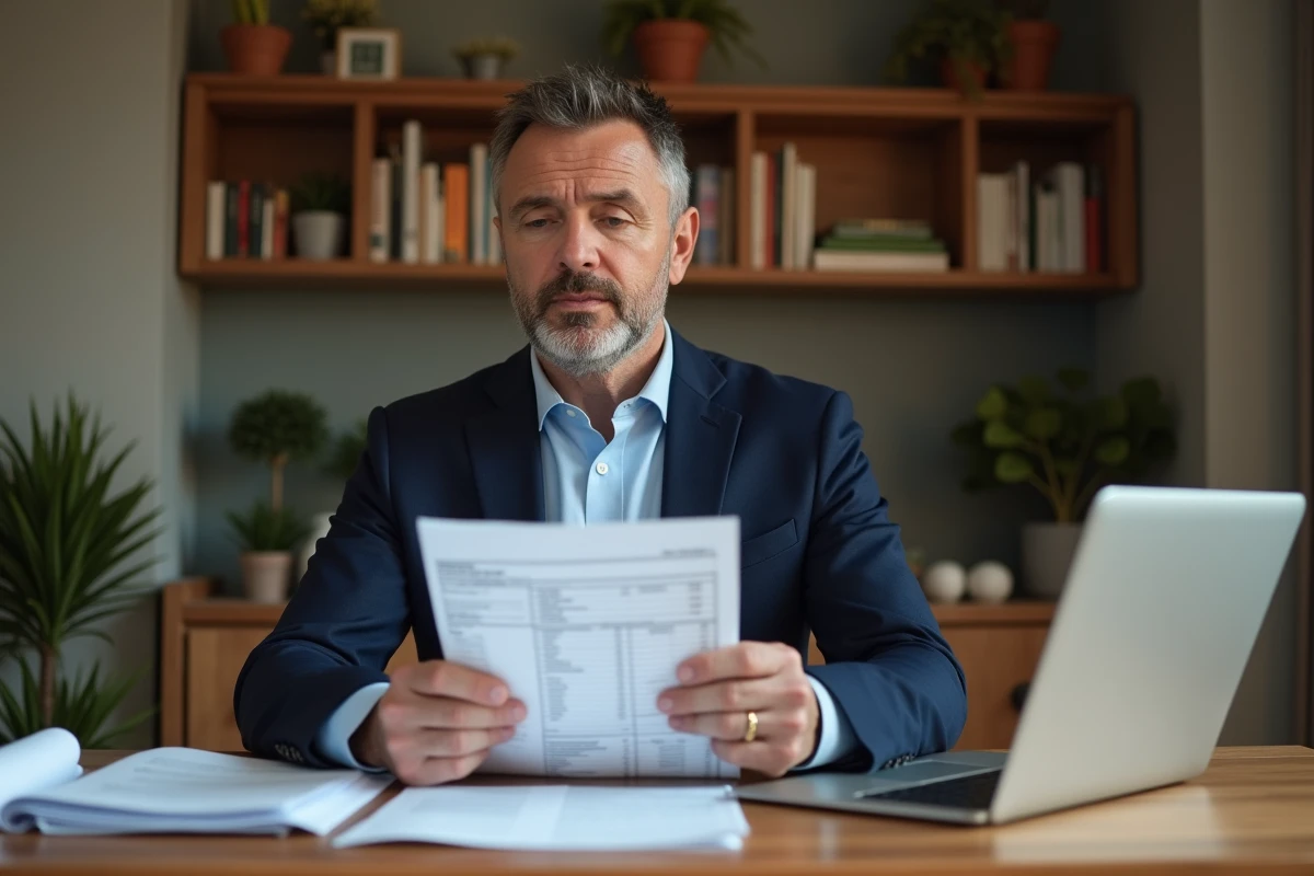 Homme en blazer bleu examinant des documents fiscaux à la maison