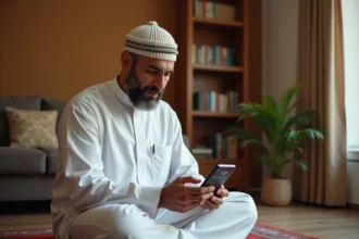 Homme consultant les horaires de prière sur smartphone à Compiègne dans un salon islamique