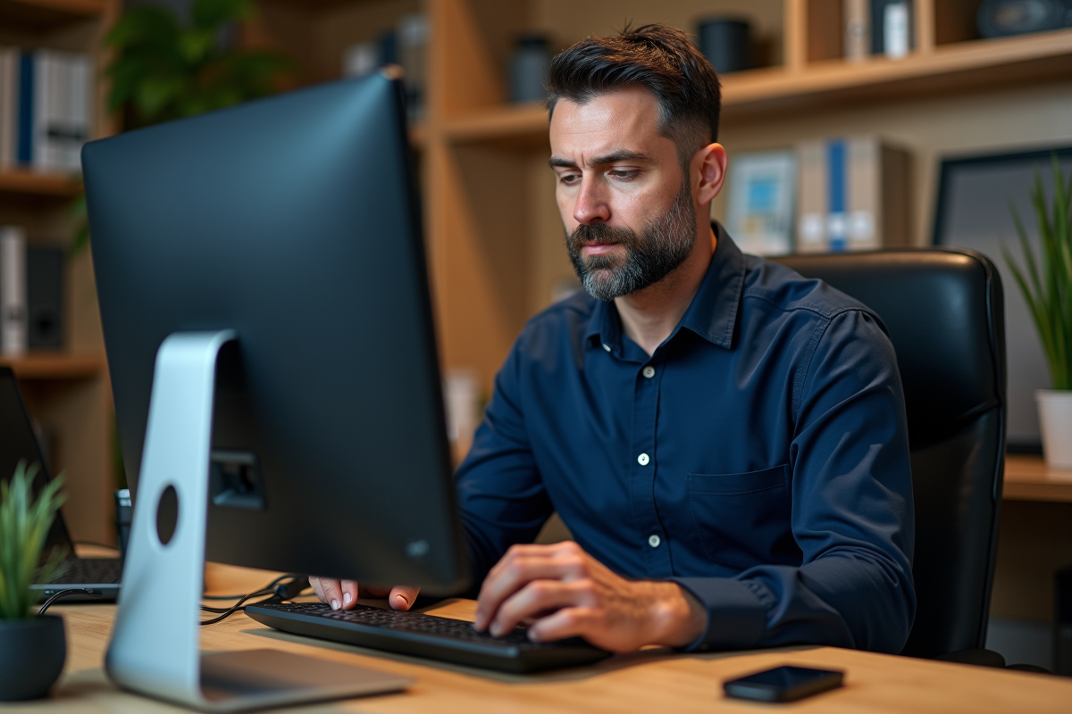 Homme d'affaires insérant un disque dur dans un ordinateur moderne