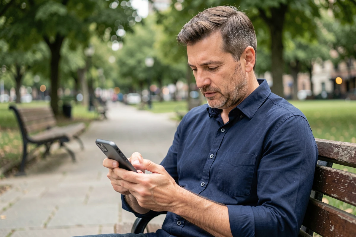 Homme consultant une plateforme d'informations sur smartphone dans un parc urbain
