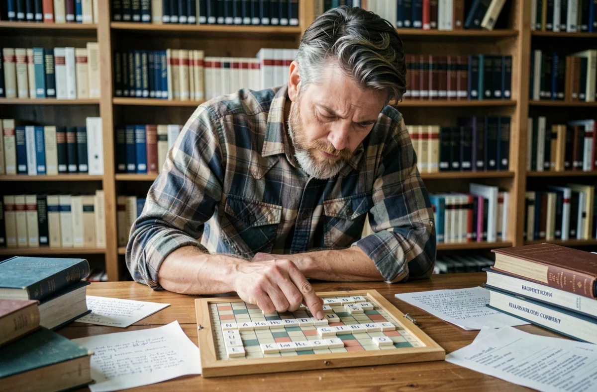 Homme consultant une liste de mots acceptés au Scrabble avec des livres de référence ouverts sur une table en bois
