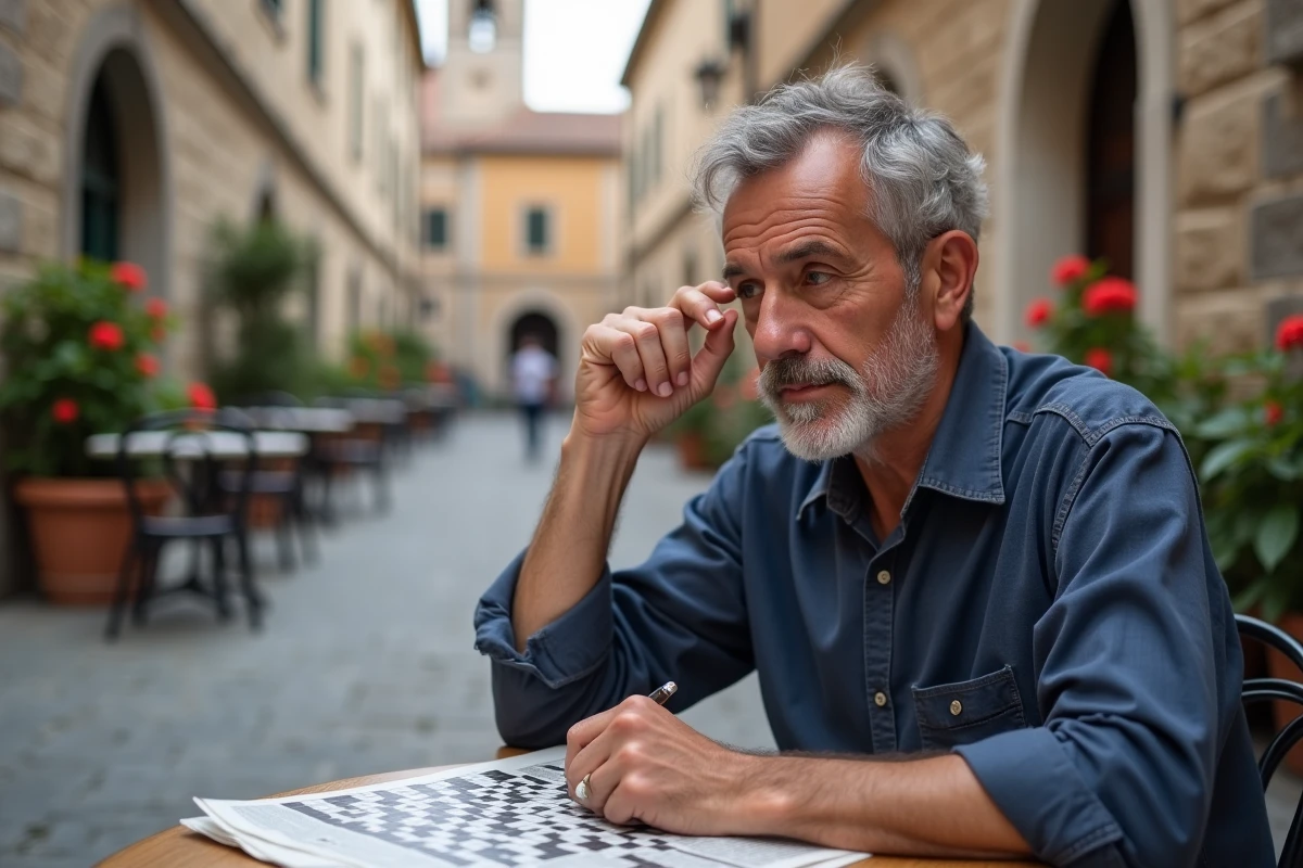 Homme en train de remplir des mots croisés à une terrasse de café sur une place italienne pavée