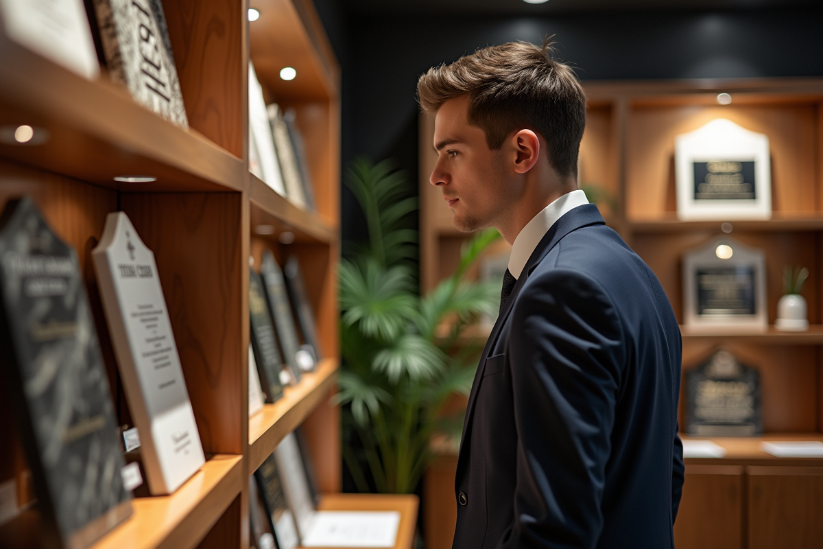 Jeune homme examinant plaques funéraires en intérieur