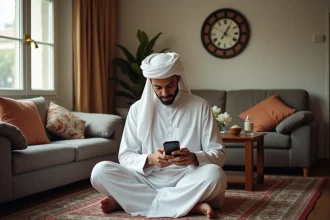 Homme musulman priant à Toulouse avec djellaba blanche