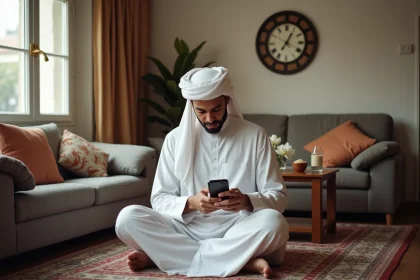 Homme musulman priant à Toulouse avec djellaba blanche