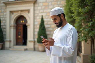 Homme en djellaba vérifiant l'heure de prière devant une mosquee à Reims