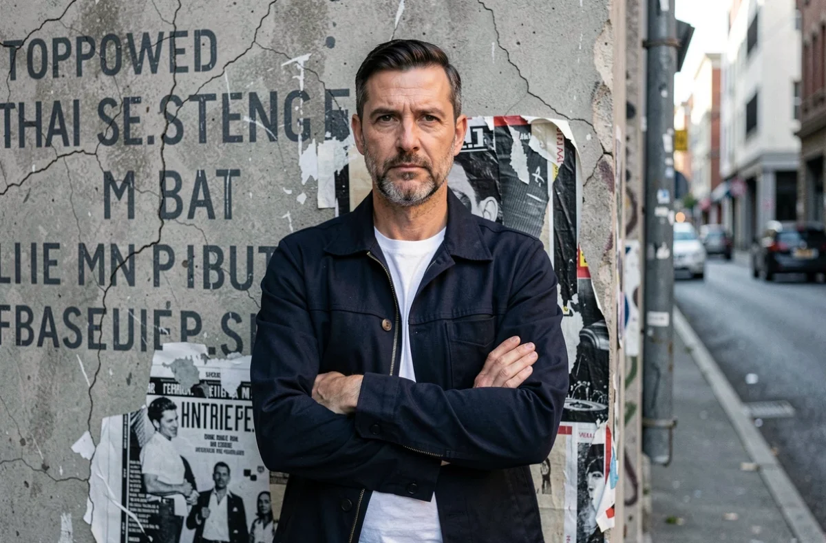 Homme aux bras croisés devant un mur urbain couvert de typographies effacées, regard direct et perçant illustrant le thème des citations hypocrites