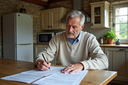 Homme d'âge moyen remplissant des documents fiscaux dans la cuisine