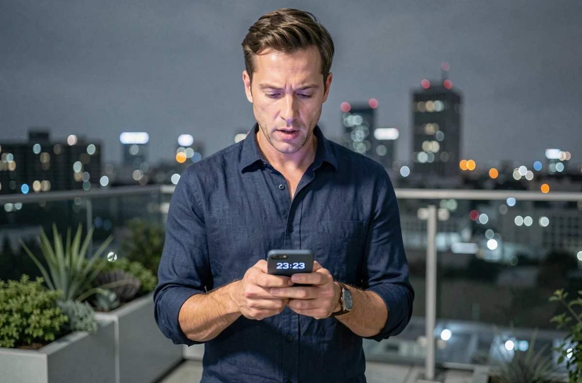 Homme sur un toit urbain de nuit regardant son téléphone affichant 23h23, illustrant l'impact des heures miroirs sur les choix de vie personnels