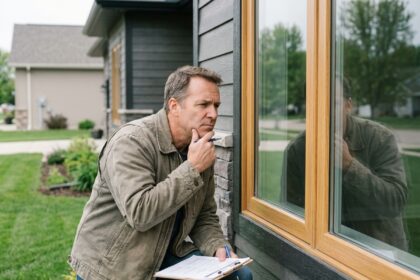 Homme en vêtements de travail examine une fenêtre en bois moderne