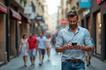 Homme d'âge moyen dans une ville animée regardant son smartphone