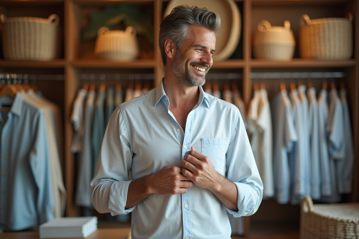 Homme inspectant une chemise dans un magasin de vêtements