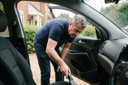 Homme d'âge moyen nettoyant l'intérieur d'une voiture moderne
