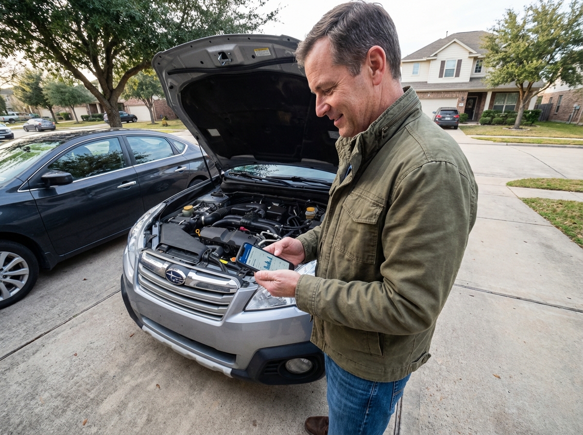 Homme vérifiant telematics sur smartphone devant sa voiture
