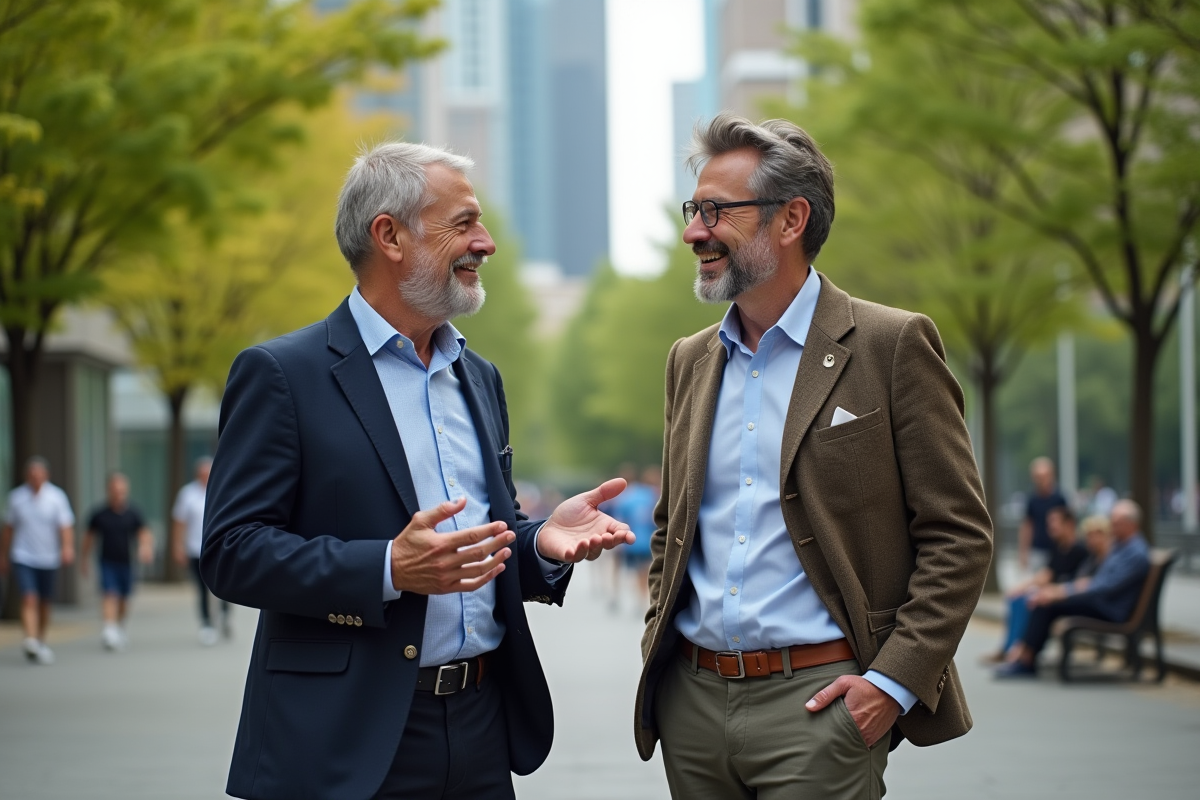 Deux hommes discutant sur un banc dans un parc urbain