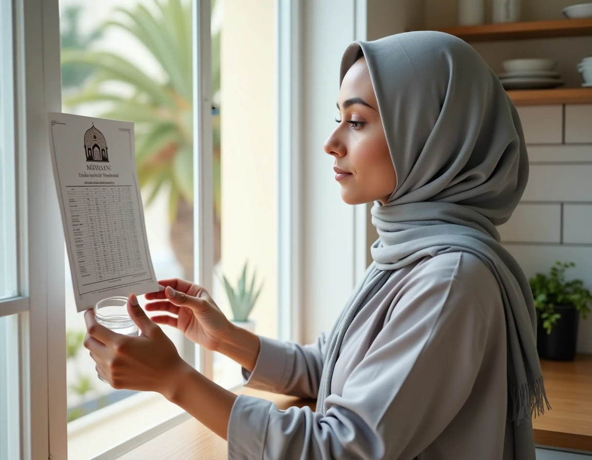Femme en hijab consultant l'horaire des prières du ramadan dans une cuisine à Nice