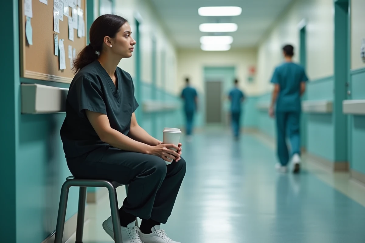 Infirmière en pause dans un couloir d'hôpital, portrait authentique du courage et de la résilience des femmes au travail dans le secteur médical