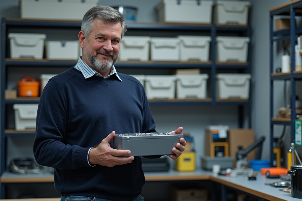 Ingénieur électrique homme tenant une batterie lithium-ion