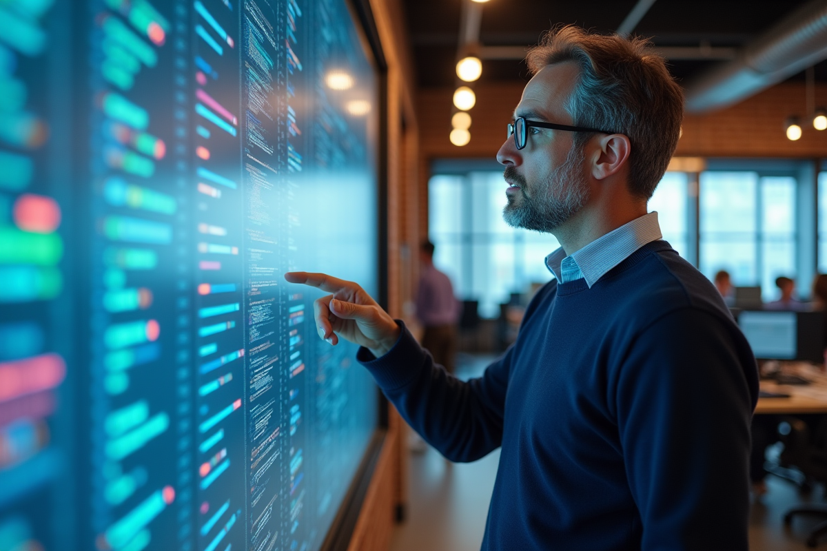 Ingénieur informatique expliquant des diagrammes blockchain en open space