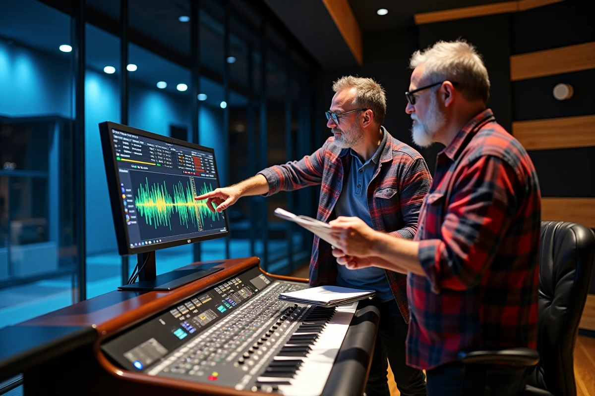 Ingénieurs du son analysant un simulateur de niveau sonore dans une régie de salle de concert professionnelle