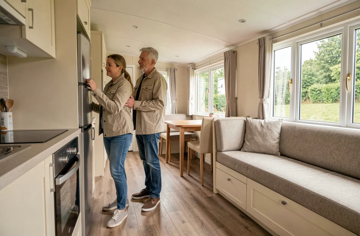 Couple visitant l'intérieur d'un mobil-home neuf avec cuisine équipée et salon aménagé dans un espace compact moderne