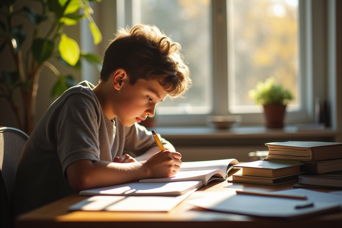 Jeune adulte concentré à étudier près d'une fenêtre en matinée