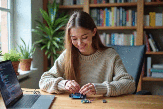 Jeune femme assemble un shield Gertduino sur Arduino dans un espace lumineux