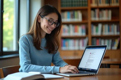 Jeune femme en bibliothèque utilisant un ordinateur portable