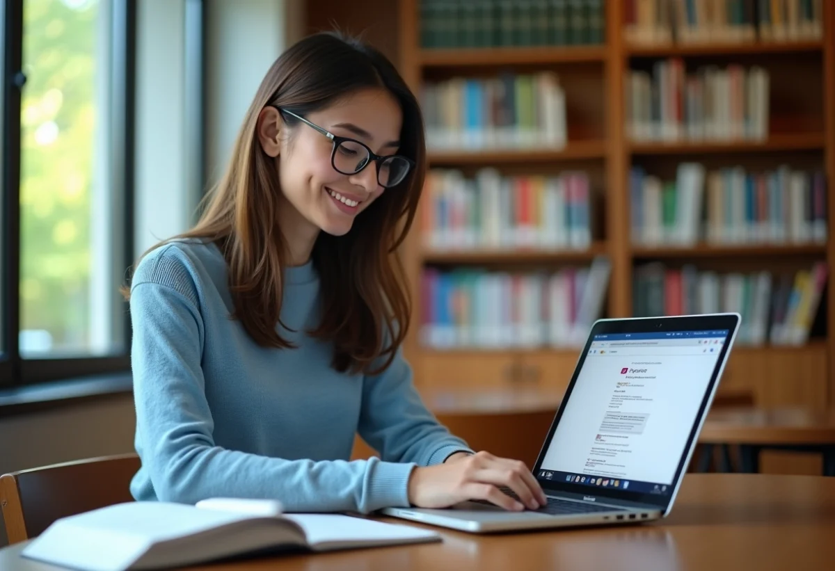 Jeune femme en bibliothèque utilisant un ordinateur portable