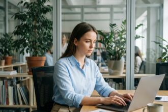 Jeune femme en bureau moderne travaillant sur son ordinateur