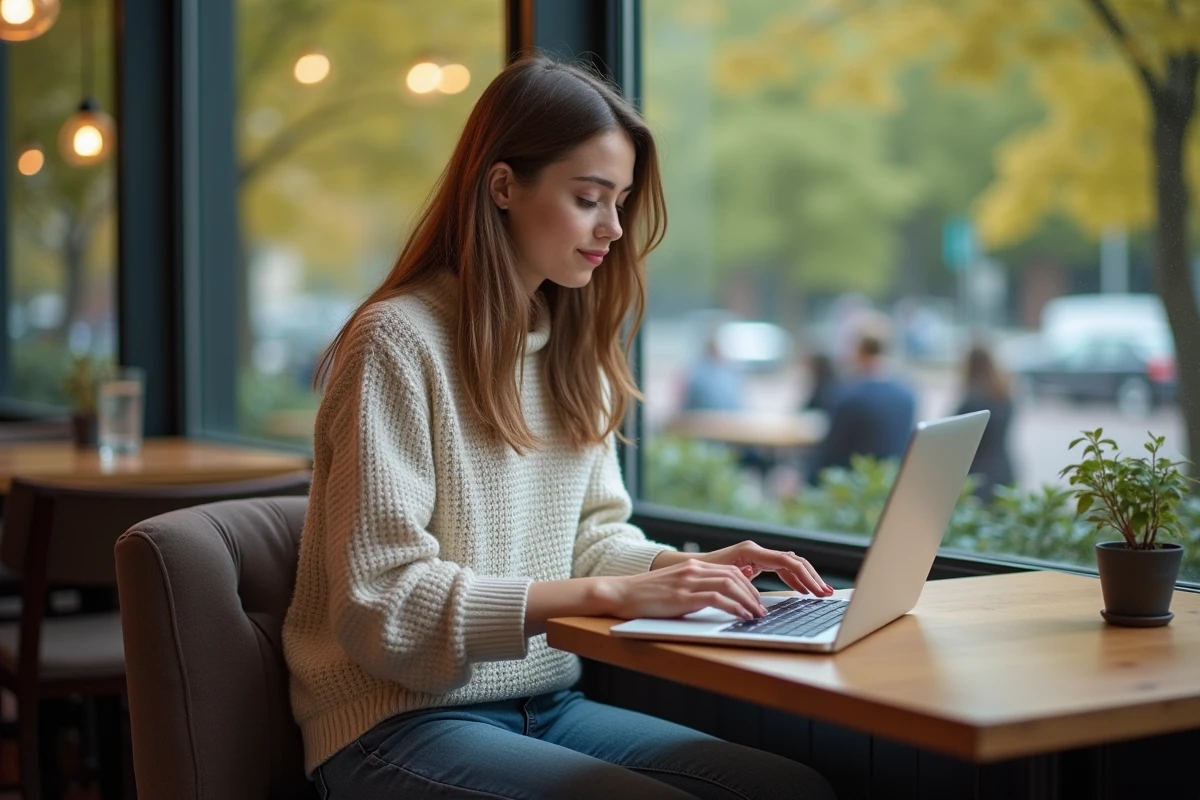 Jeune femme au café utilisant son ordinateur portable