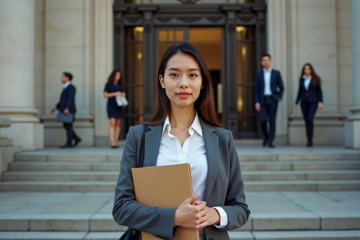 Jeune femme en business dehors d’un bâtiment officiel