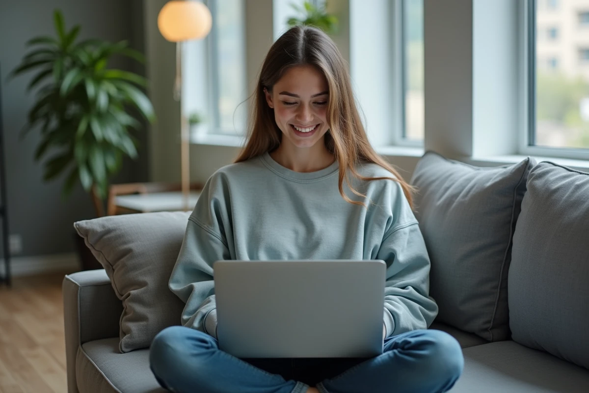 Jeune femme souriante parcourant d'anciens messages du forum JVC sur son ordinateur portable dans un salon moderne