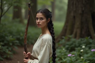 Jeune femme grecque dans la forêt sereine avec arc