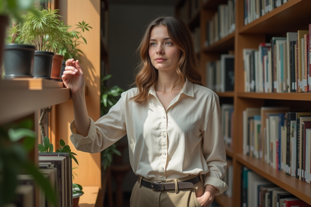 Jeune femme range un livre dans une bibliothèque lumineuse