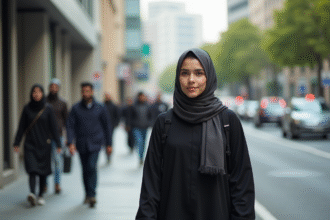 Jeune femme musulmane en abaya dans la ville moderne
