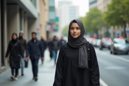 Jeune femme musulmane en abaya dans la ville moderne