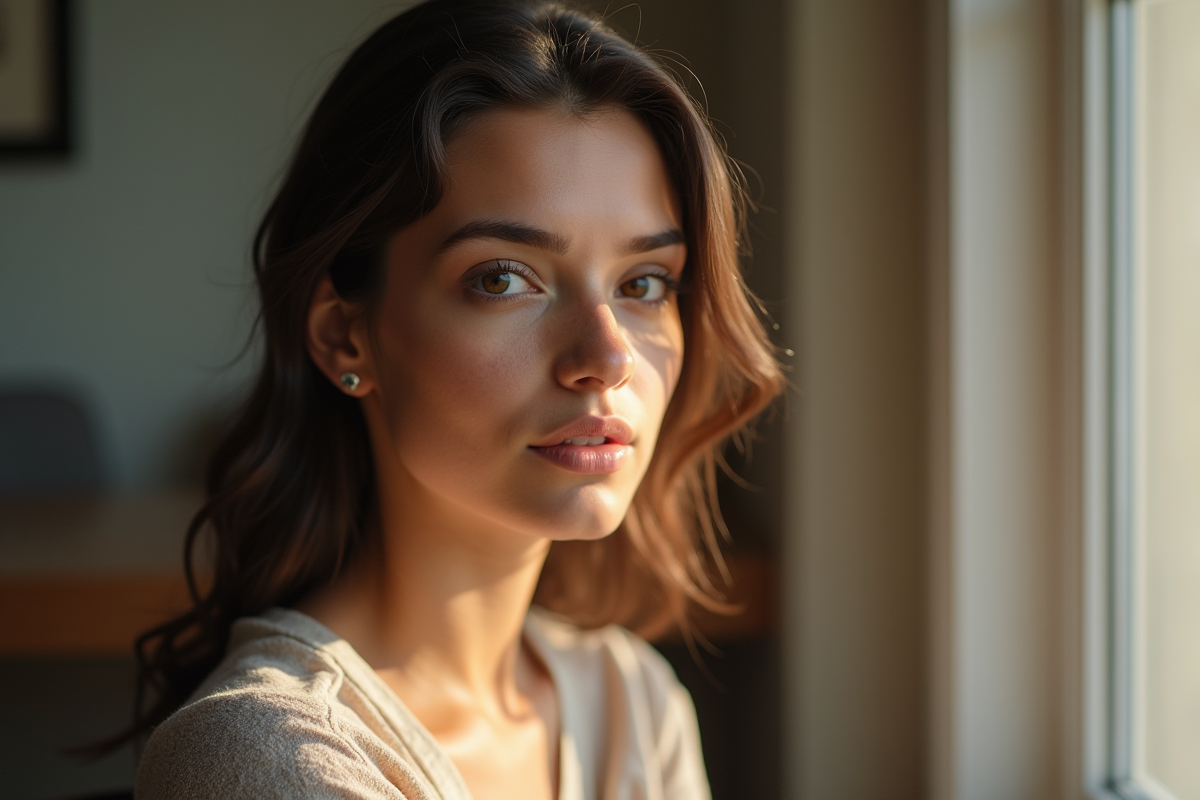 Jeune femme confiante au naturel face à la lumière du matin