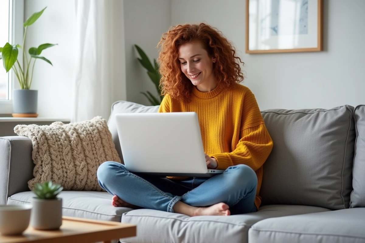 Jeune femme naviguant sur une plateforme numérique depuis son canapé dans un salon minimaliste