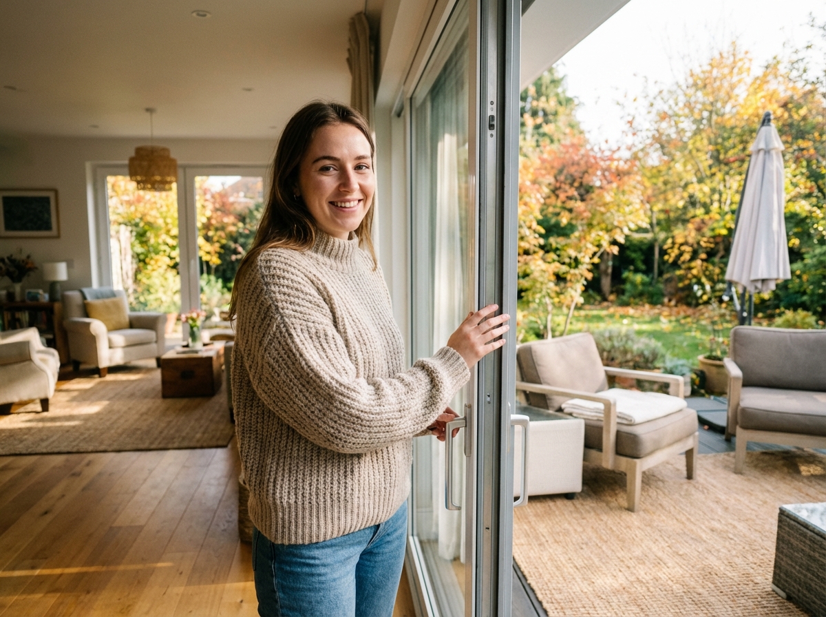 Jeune femme souriante touche le cadre en aluminium d